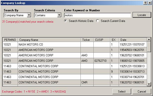 Use the search form to locate a particular company in the CRSP database. Companies matching your search criteria appear in a table, initially sorted by PERMNO, in the bottom part of the window.