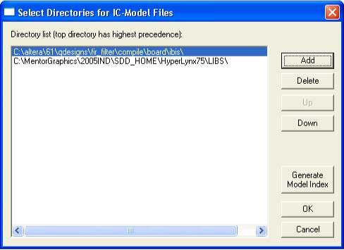 Browse to the default IBIS model location, <project directory>/board/ibis. Click OK. 5. Click Up to move the IBIS model directory to the top of the list.