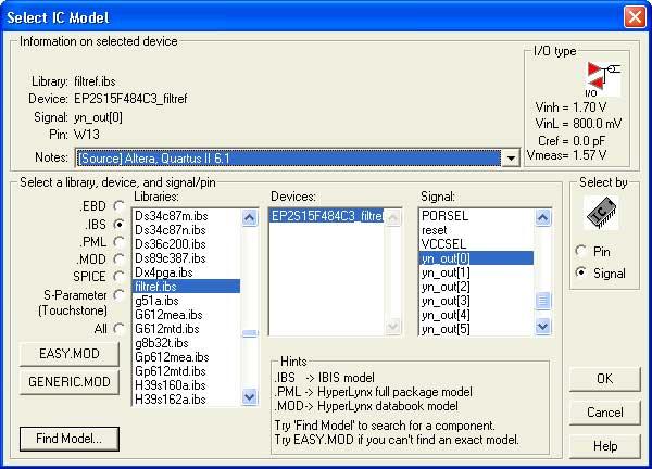 1. Signal Integrity Analysis with Third-Party Tools Figure 7. LineSim Select IC Model Dialog Box 4. To filter the list of available libraries to display only IBIS models, select.ibs.