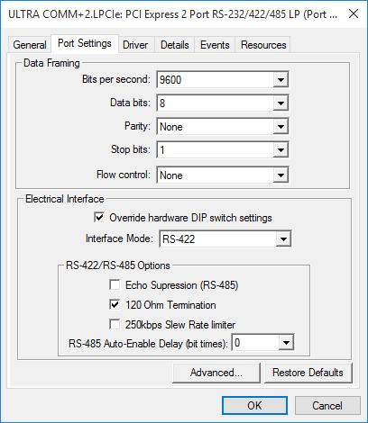 Electrical Interface, Line Termination, and Echo Selection via Software When a 7205ec has been installed under Windows, the DIP switch configuration can be overridden by software settings via the