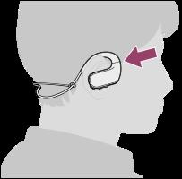 Walkman stabilizavimas naudojant plaukimo akinius Šalia rodyklės iliustracijoje esančią dalį galite stabilizuoti plaukimo akinių juostele. Tai neleidžia Walkman atskirti dėl vandens slėgio.