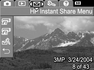 HP Instant Share Menu naudojimas Paspaudus HP Instant Share/Print (spausdinti) / mygtuk kameros nugar l je, ekrane pasirodo paskutin padaryta ar perži r ta nuotrauka užklota HP Instant Share Menu.