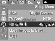 6skyrius: Setup Menu (nustatym meniu) naudojimas Atidar meniu Setup Menu (nustatym meniu) galite nustatyti kelet kameros nustatym, pavyzdžiui, garsus, dat, laik, USB ar TV jungči konfig racij.