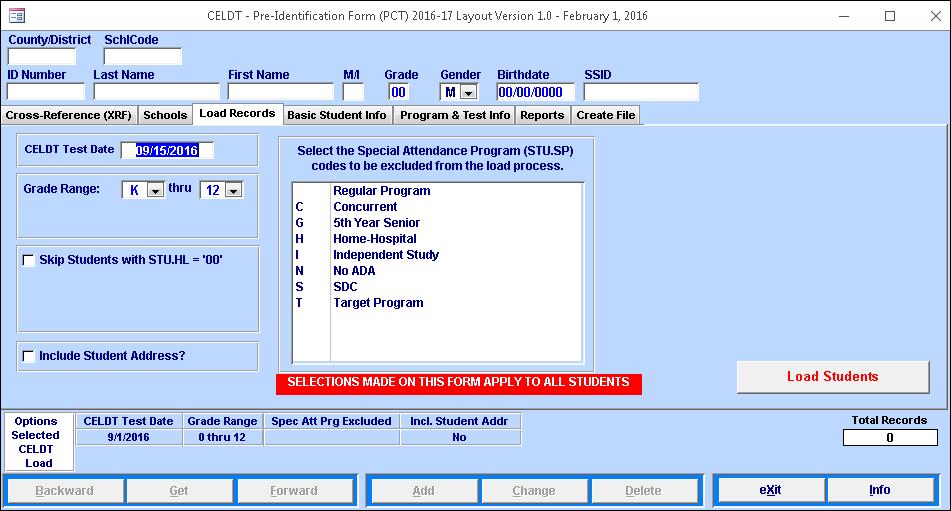The top of the form displays the table that is used. In the below example it is the PCT table. The Year or Version of the format will display which is taken from the Pre-ID Layout.