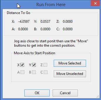 Run GCode From Here This button allows you to select a line of code in the code window or enter a line number. The best way to restart is at the beginning of a part.