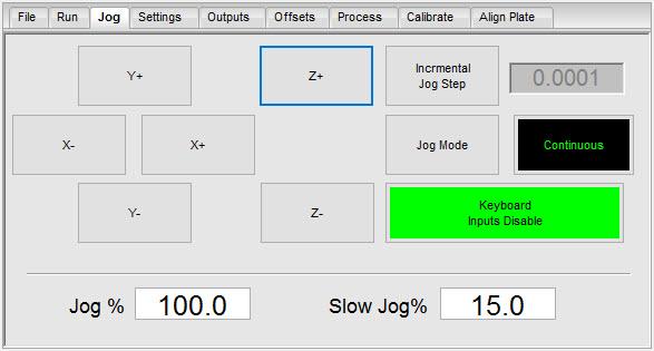 1.2.2c - Settings Tab Group Jog Tab The Jog tab provides access to jog related functions. Jog Buttons The Jog buttons move the respective axis in the + or direction.