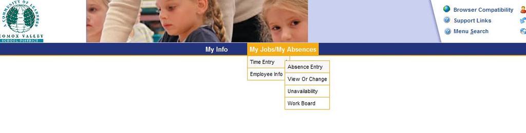In MY JOBS/MY ABSENCE TAB, click on TIME ENTRY and select ABSENCE ENTRY to view ABSENCE ENTRY: ABSENCE DETAILS This is the first screen of