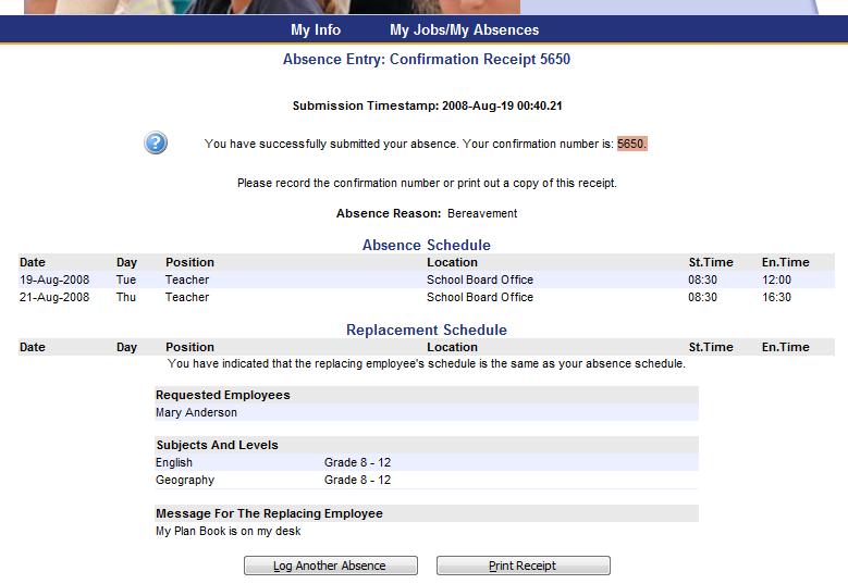 ABSENCE ENTRY - CONFIRMATION SCREEN Congratulations! You have successfully submitted your absence to AMS.