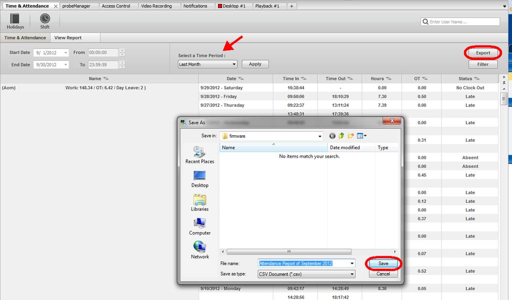 And finally you can export your time and attendance reports to a CSV file by clicking on the Export button, browsing to