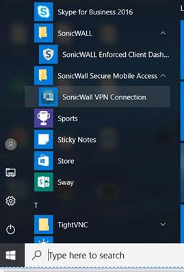 All Programs > SonicWall VPN Connection, point to