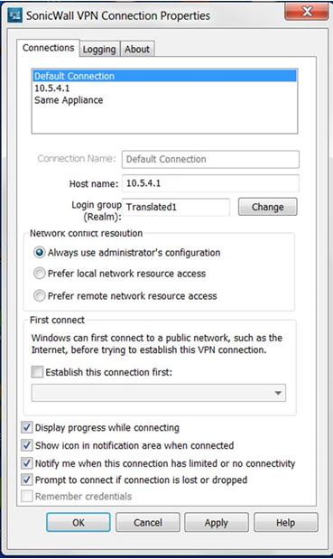 If Default Connection is selected, clicking the Properties button brings up the Connections Properties dialog.