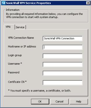 The SonicWall VPN Service Properties dialog appears.