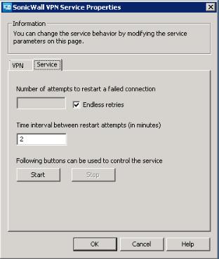 8 On the Service tab, configure the following settings: Number of attempts to restart a failed connection Endless Retries Time interval between restart attempts Specify how many times to attempt