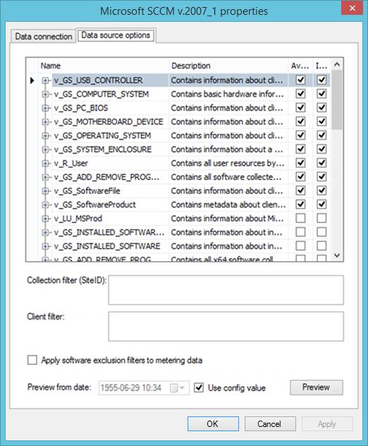 DATA SOURCE OPTIONS The SCCM data source options gives a better overview of the SCCM setup and what views and fields the Snow Integration Manager is able to aggregate from.