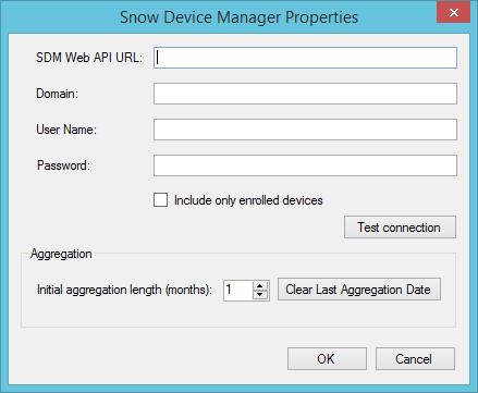 CONNECTOR SPECIFIC OPTIONS SNOW DEVICE MANAGER The Snow Device Manager connector uses an API connection. 1. In the SDM Web API URL text box, enter the URL to the Snow Device Manager Web API. 2.