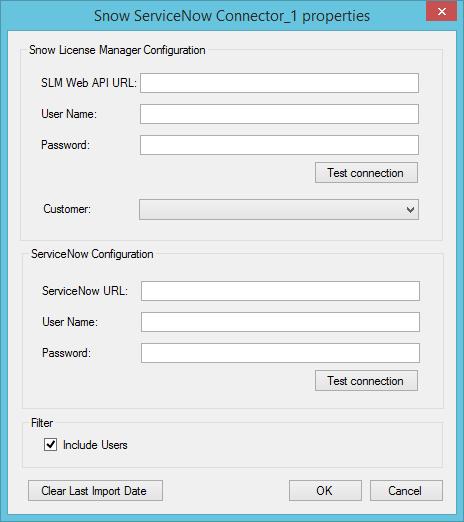 CONNECTOR SPECIFIC OPTIONS SNOW SERVICENOW CONNECTOR The Snow ServiceNow connector uses an API connection. 1. In the SLM Web API URL text box, enter the URL to the Snow License Manager Web API. 2.