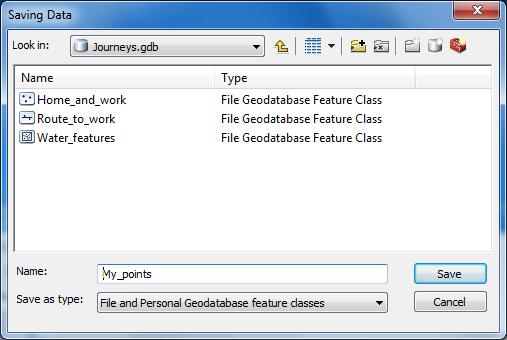 In the Output section click the browse button on the right and navigate to the BIO8014\Practical 1 folder. Go inside your Journeys.gdb geodatabase, and set your dataset name to My_points.