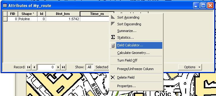 Now as before add two further fields; Time_m and Speed_km_h both as type double. Right click on the column heading for Time_m and this time click Field Calculator.