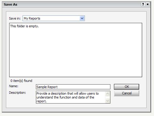 The default location for saving reports is your My Reports folder within the warehouse. Enter a report name in the Name box.