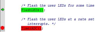 Alternatively, press F11. The program counter should now move into the FlashLEDs function definition.