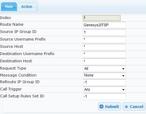 AireSpring SIP Trunk and Genesys Contact Center 4. Configure a rule to route calls from Genesys Contact Center to AireSpring ITSP SIP Trunk: a. Click Add. b.