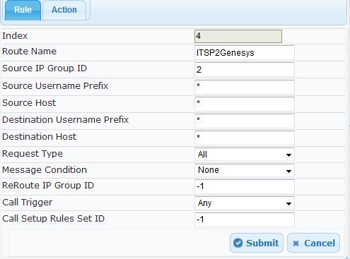 Configuration Note 3. Configuring AudioCodes SBC 10. Configure a rule to route calls from AireSpring ITSP SIP Trunk to the Genesys Contact Center: a. Click Add. b.