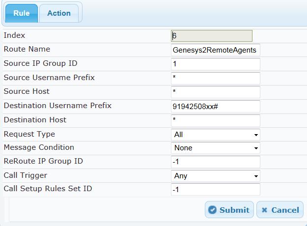 Configuration Note 3. Configuring AudioCodes SBC 4. Configure a rule to route calls from the Genesys Contact Center to the Remote User Agent Group.