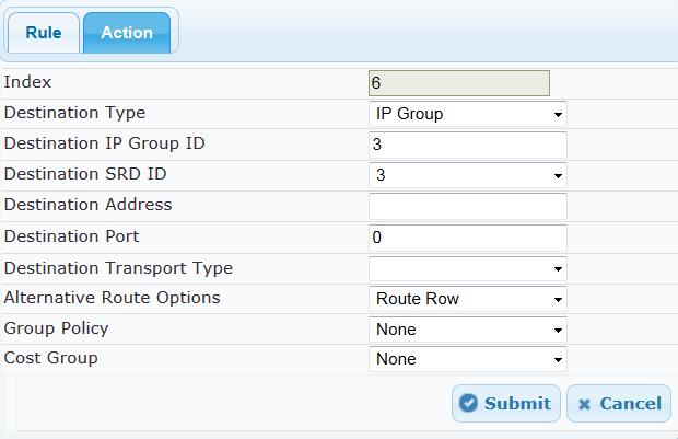 AireSpring SIP Trunk and Genesys Contact Center Figure 3-55: Configuring IP-to-IP Routing Rule for Genesys to AireSpring ITSP SIP Trunk Action tab The configured IP-to-IP routing rules including