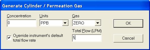 Depending upon the step type these menus allows the user to specify the gas type, total flow, ozone and NO concentrations, for