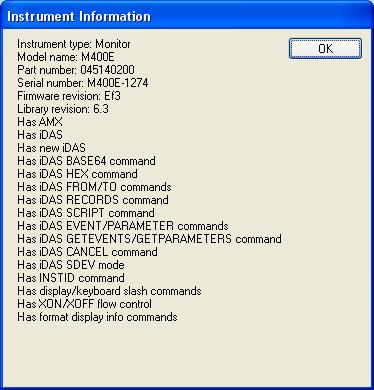 7. ADVANCED FEATURES 7.1. Instrument Information Dialog Whenever APIcom connects to an instrument it interrogates the instrument to determine the type of instrument and its capabilities.