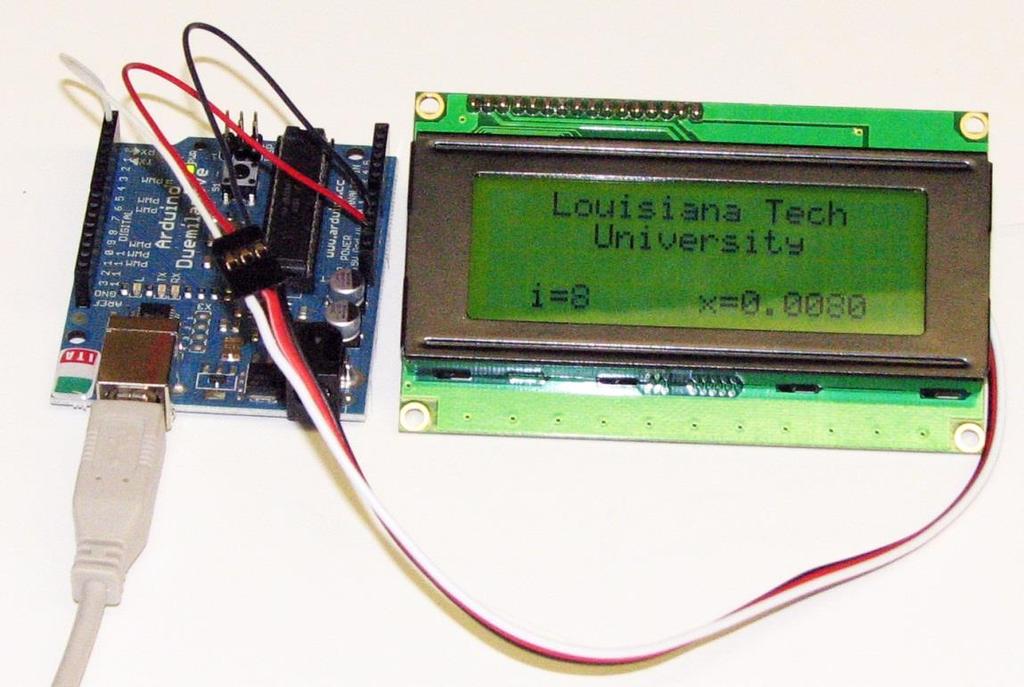Programming Text: Louisiana Tech University is displayed, with character locations chosen to center the text on the first two lines of the LCD Integers: The text i= is printed followed by an