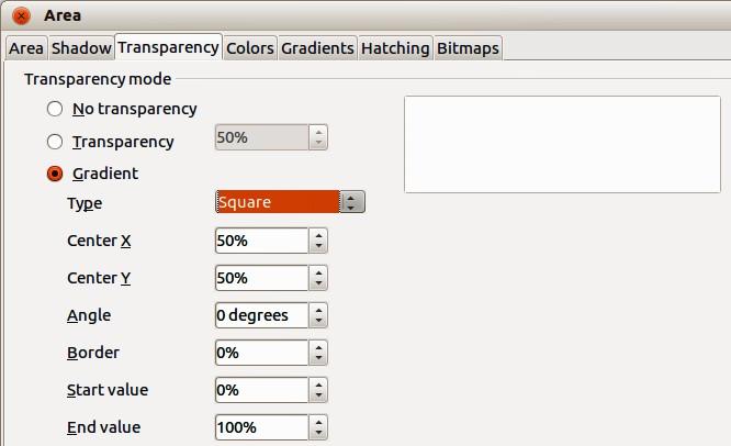 Figure 11: Transparency page in Area dialog Type select the type of transparency gradient that you want to apply from Linear, Axial, Radial, Ellipsoid. Quadratic, or Square.