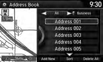 System Setup Address Book H SETTINGS button Navi Settings Personal Info Address Book Store up to 200 address entries in the address book. You can add, edit, and delete information in the address book.