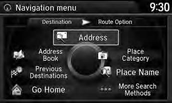 Entering a Destination H MENU button (on map) This section describes how to enter a destination for route guidance. Rotate i to select an item. Press u.