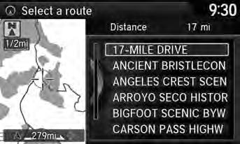 Scenic Route H MENU button More Search Methods Scenic Route Select a scenic road as a destination (U.S. and Canada only). 1. Rotate i to select a state. Press u.