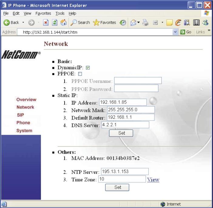 V85 Network Menu Click on the Network icon on left to display network settings.