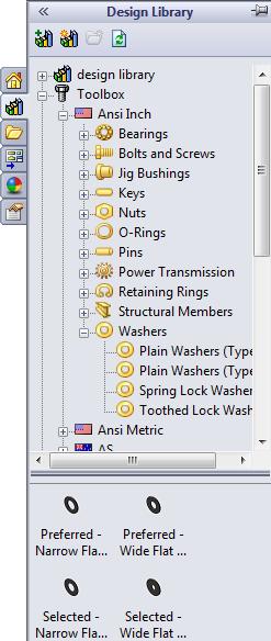 Lesson 5: SolidWorks Toolbox Basics 3 In the Toolbox Browser, browse for Ansi Inch, Washers, Plain Washers (Type A). The valid types of Type A Washers display.