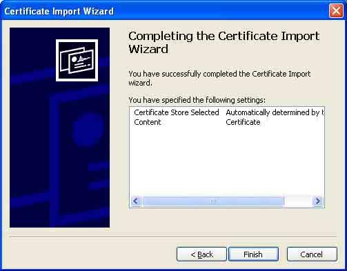 4 Select Automatically selects the certificate store based on the type of certificate and click Next. Completing the Certificate Import Wizard appears. 4 Click Yes.