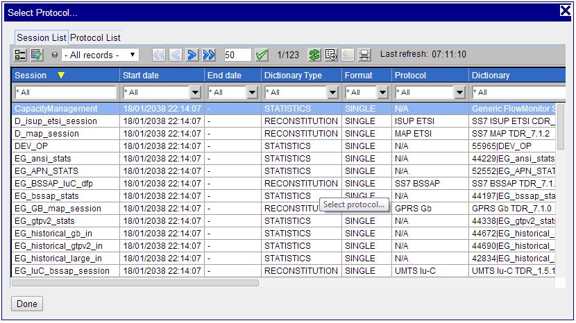 Figure 6: Session List After selecting the protocol, click the Next button.