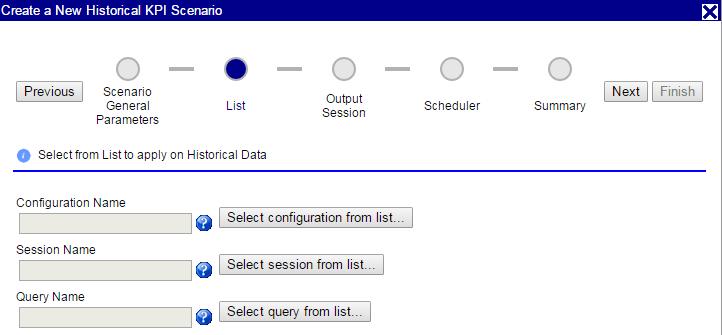 Figure 9: Historical KPI Parameters Screen Enter a scenario name and select whether you want KPI to purge the selected period before