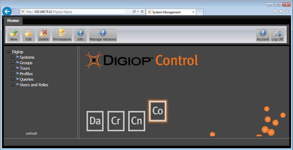 admin. The default Customer name is digiop. The DIGIOP Control window will appear.