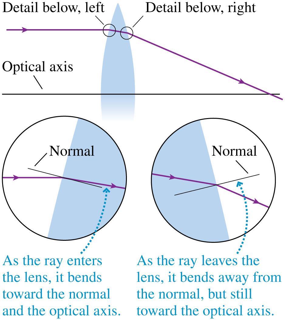 Thin Lenses: Ray Tracing In a converging lens, an incoming ray refracts toward the optical axis at both
