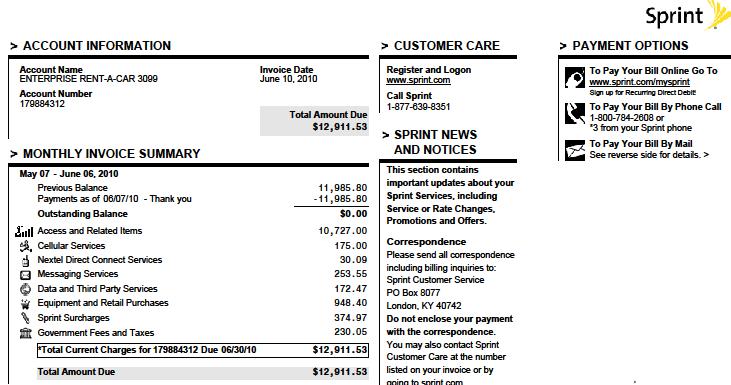 Sprint Summary Bill Extra charges on the front page of the bill are