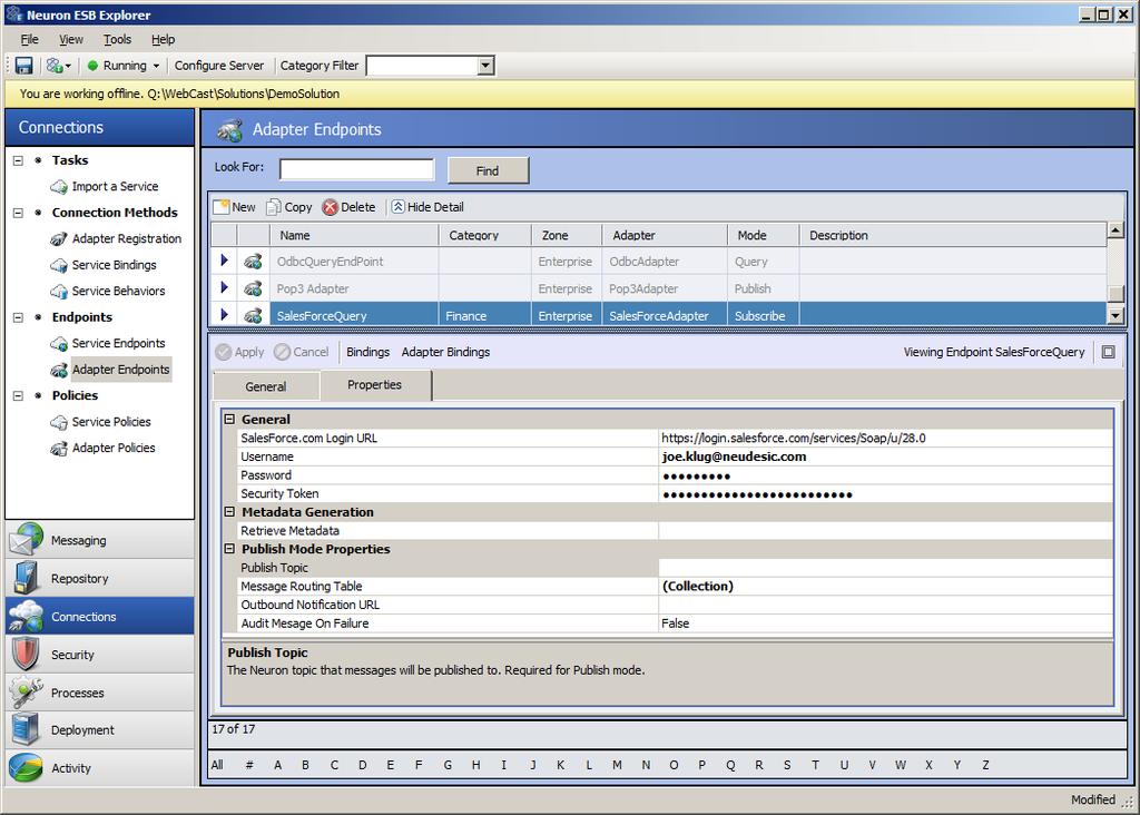 com to Neuron ESB as well as two-way, solicit response mode. Users can either send updates or inserts into SalesForce.com, or make Query requests against SalesForce.com. This adapter also supports meta-data harvesting.