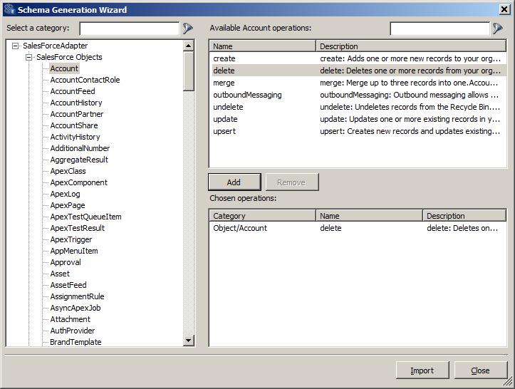 The Meta data generation wizard can be accessed through the Retrieve Metadata property of the adapter endpoint. Operations can be selected by clicking the Add button.