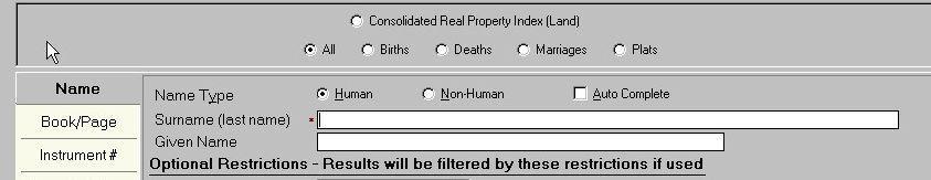 Summary of Features 1. ALL SEARCH : Users can choose to search individual index types (such as Land, Births, Deaths, etc.