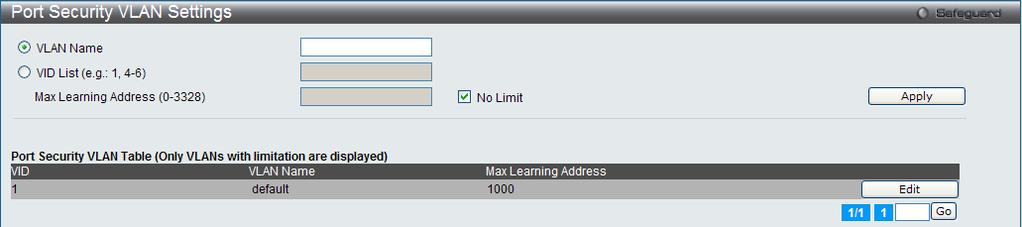 Max Learning Address (0-3328) Specify the maximum value of port security entries that can be learned on this port.