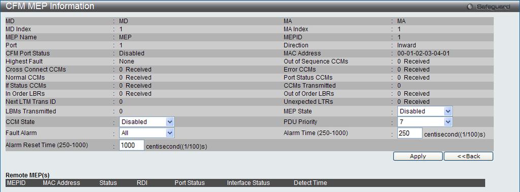 Figure 10-7 CFM MEP Information - Edit Window MEP State CCM State PDU Priority Fault Alarm Alarm Time (250-1000) This is the MEP administrative state. Enable - MEP is enabled.