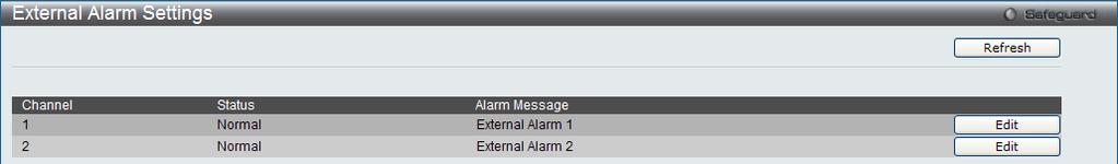 To view this window, click Monitoring > Peripheral > External Alarm Settings as shown below: Figure 11-22 External Alarm Settings window
