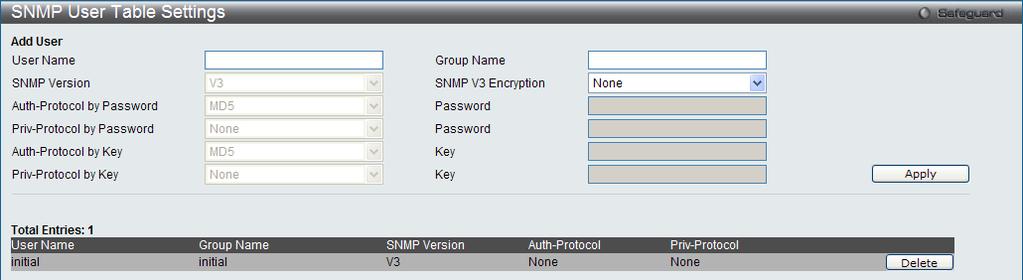 To view the following window, click Management > SNMP Settings > SNMP Engine ID Settings, as show below: Figure 3-37 SNMP Engine ID Settings window Engine ID To change the Engine ID, type the new